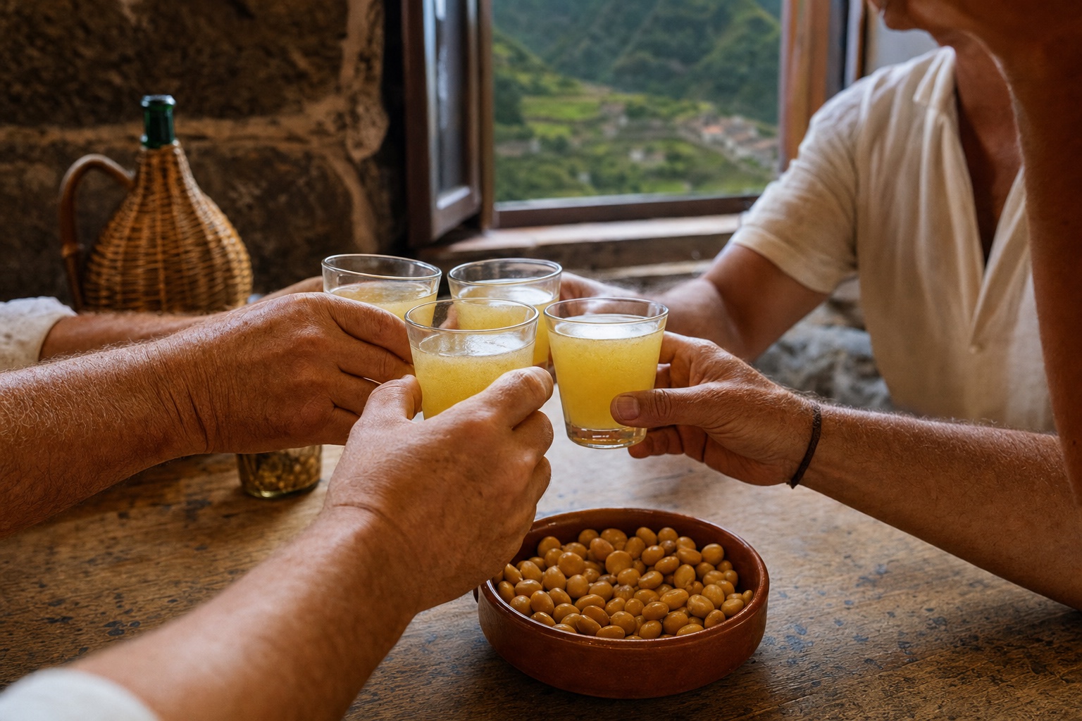 Amigos a partilhar pequenos copos de poncha num ambiente tradicional madeirense
